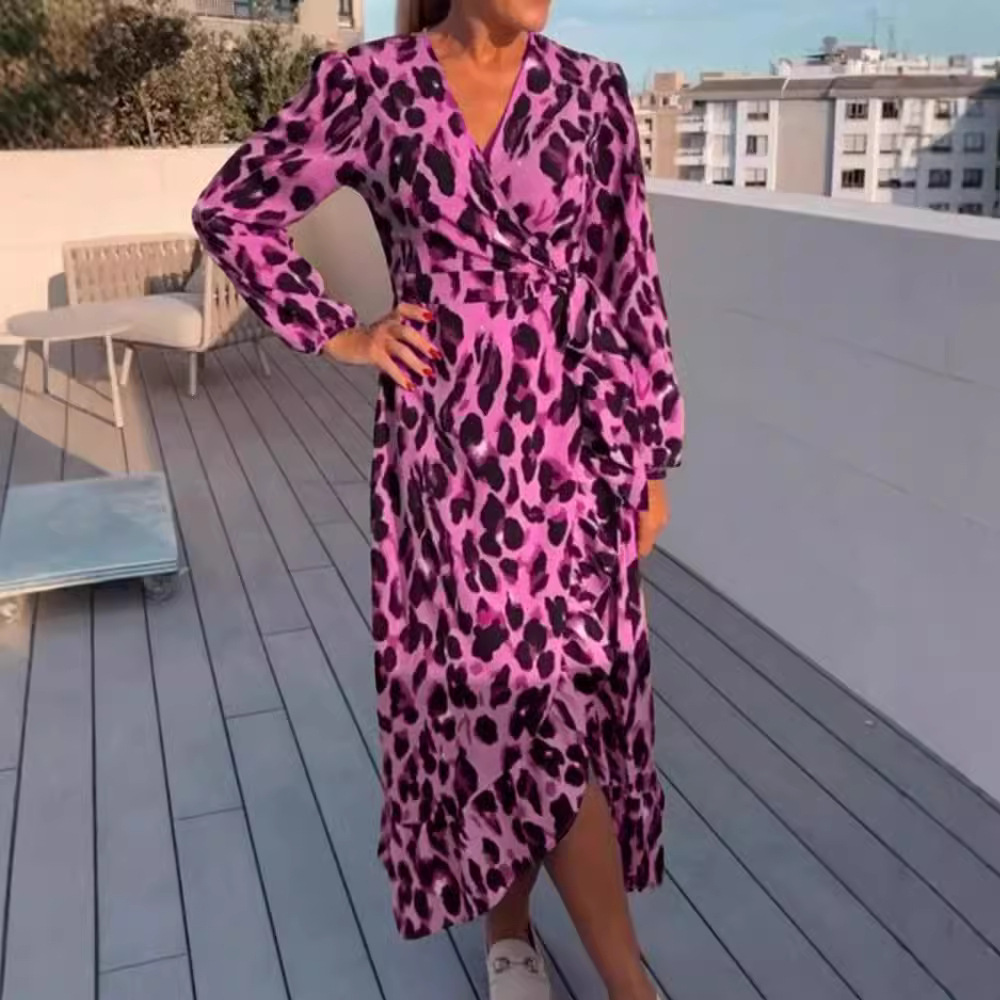 V-Neck Leopard Print Long Sleeve Casual Dress