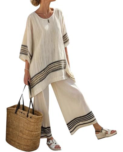 Women's Striped Print Crewneck 3/4 Sleeve Top & Pants Casual Set
