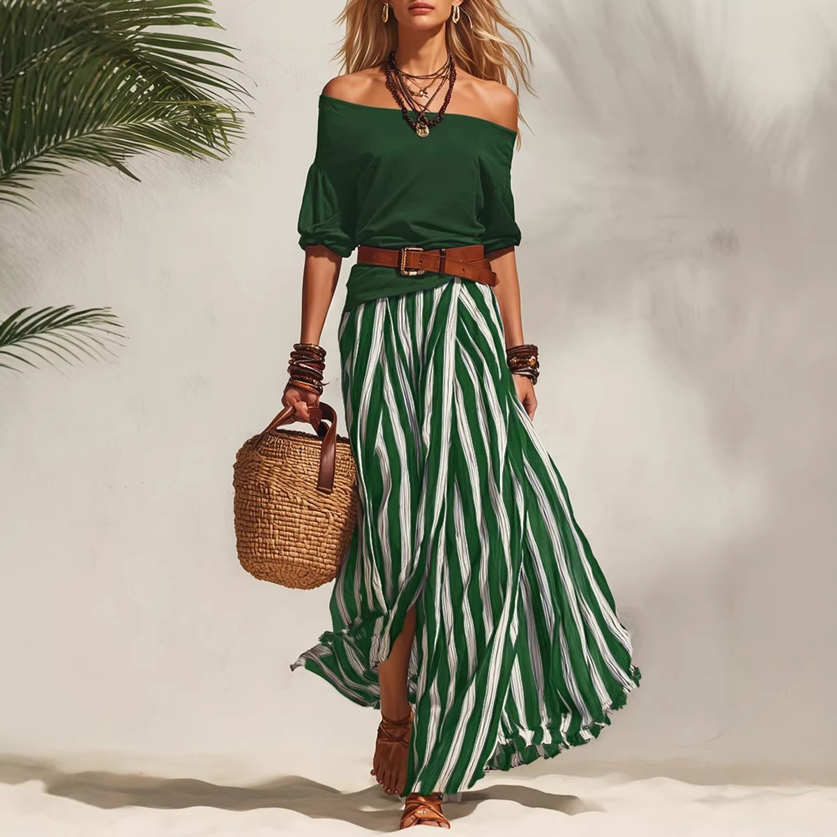 Off-Shoulder Top and Slit Skirt Women's Set