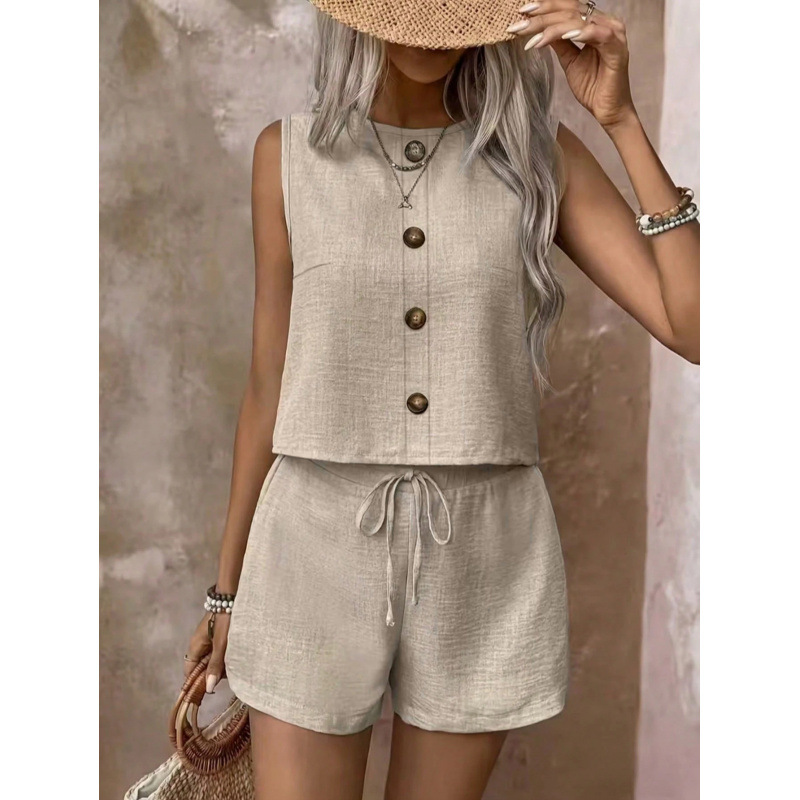 Women's Solid Color Button Sleeveless Vest and Shorts Set