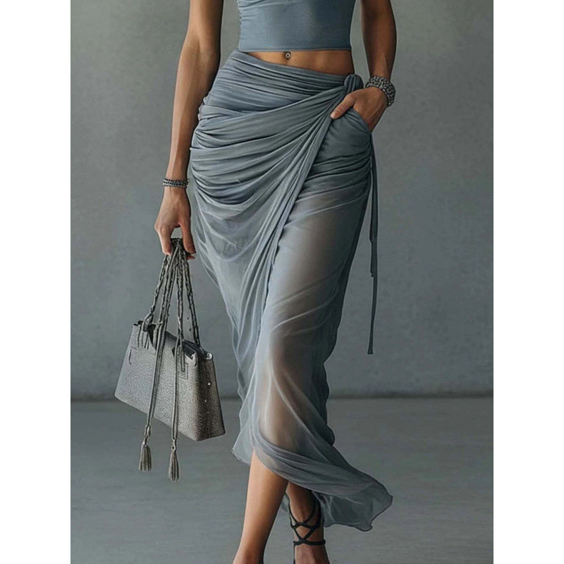 Slim-Fit Mock-Neck Top and Chiffon Skirt Two-Piece Set