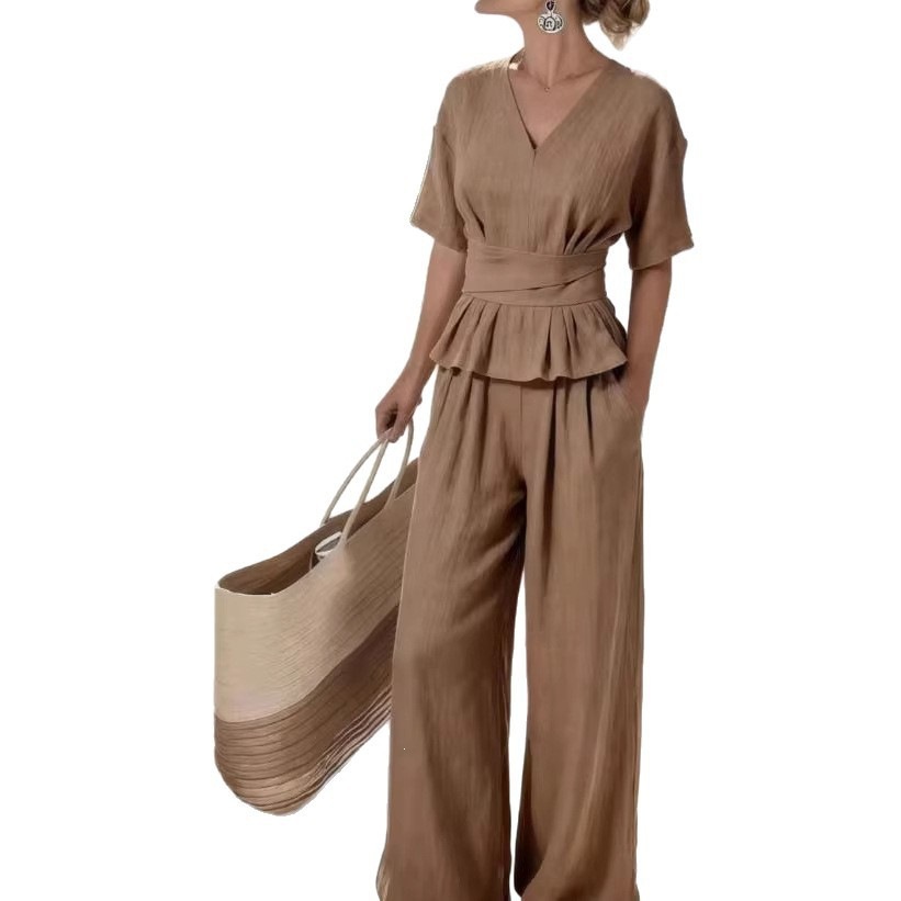 Women's V-Neck Tie Short Sleeve Top & Long Pants Two-Piece Set Casual Minimalist Commuter