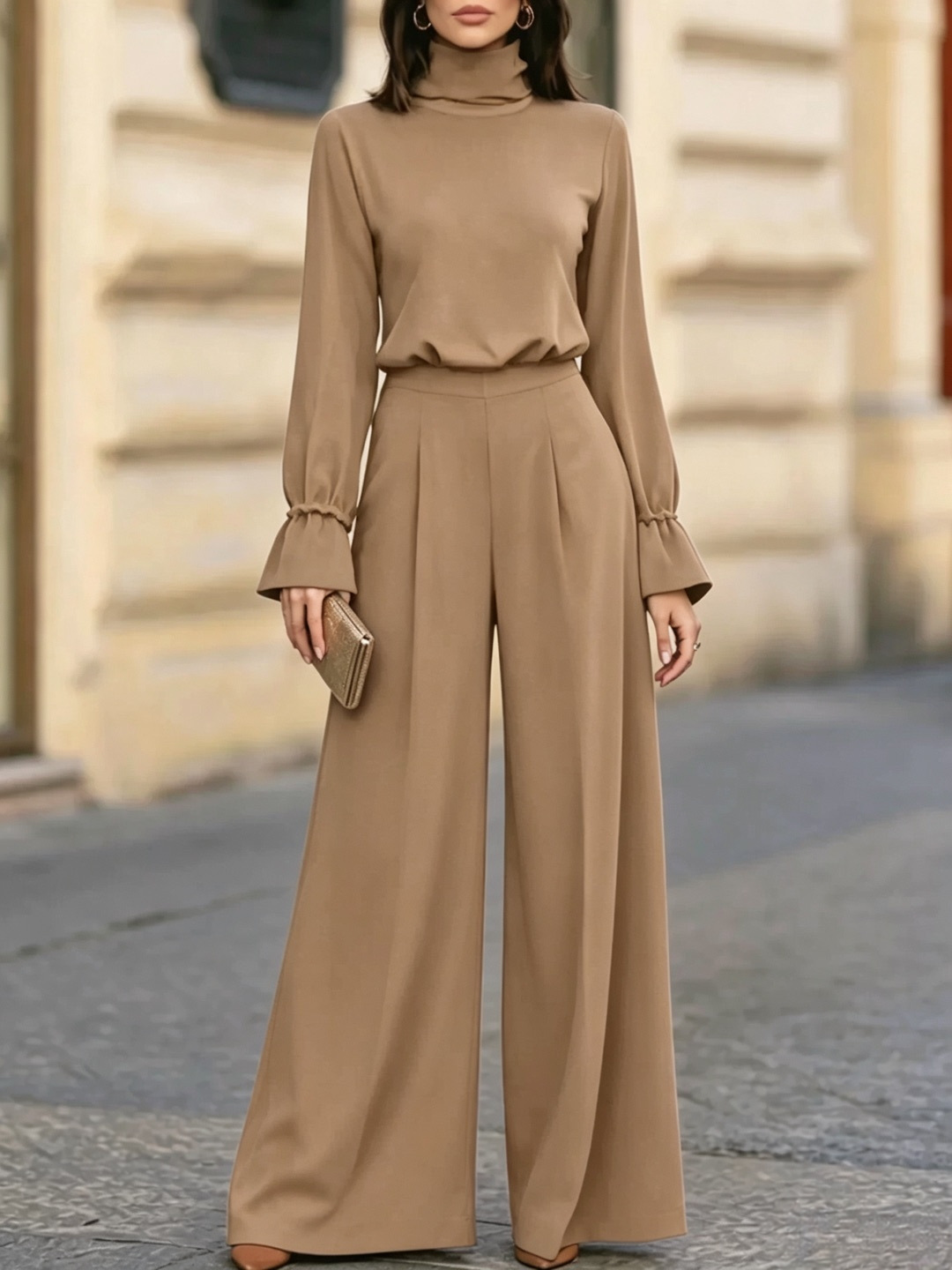 Women's Mock Neck Solid Top and High-Waist Wide-Leg Pants Two-Piece Set