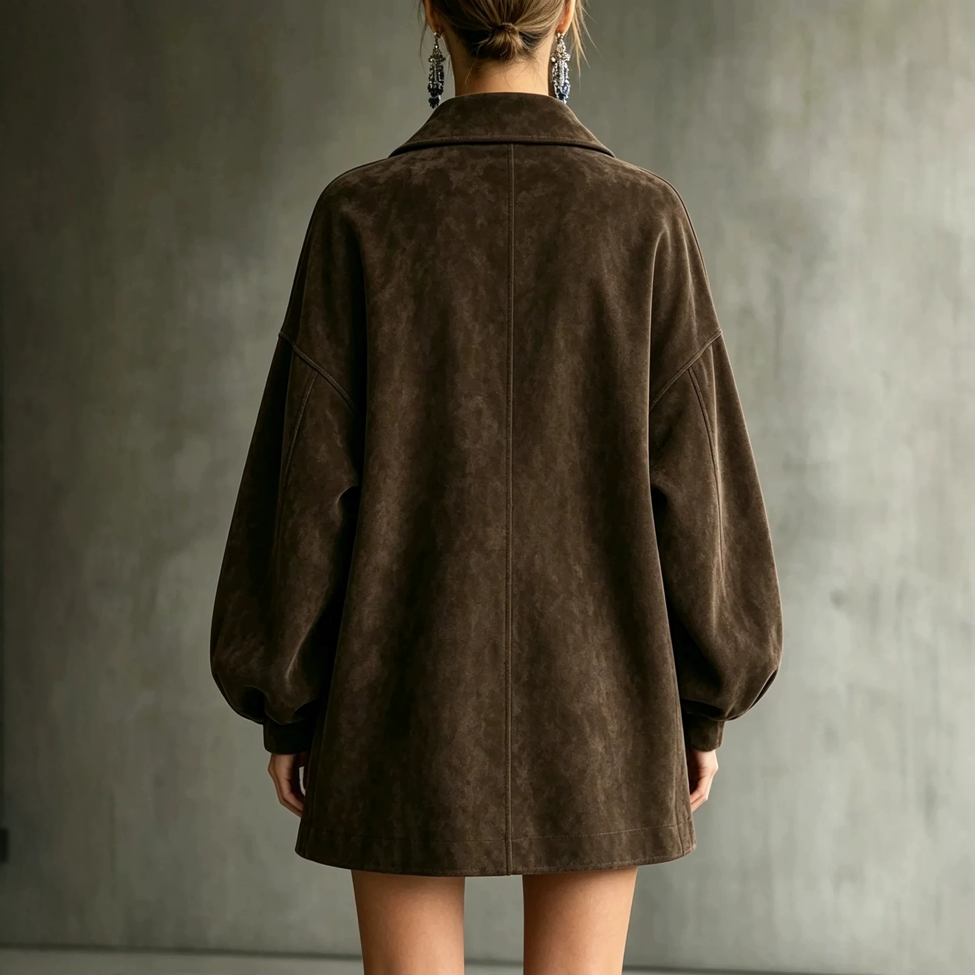 Retro Brown Faux Suede Oversized Metal Buckle Collared Loose Mid-Length Coat for Women