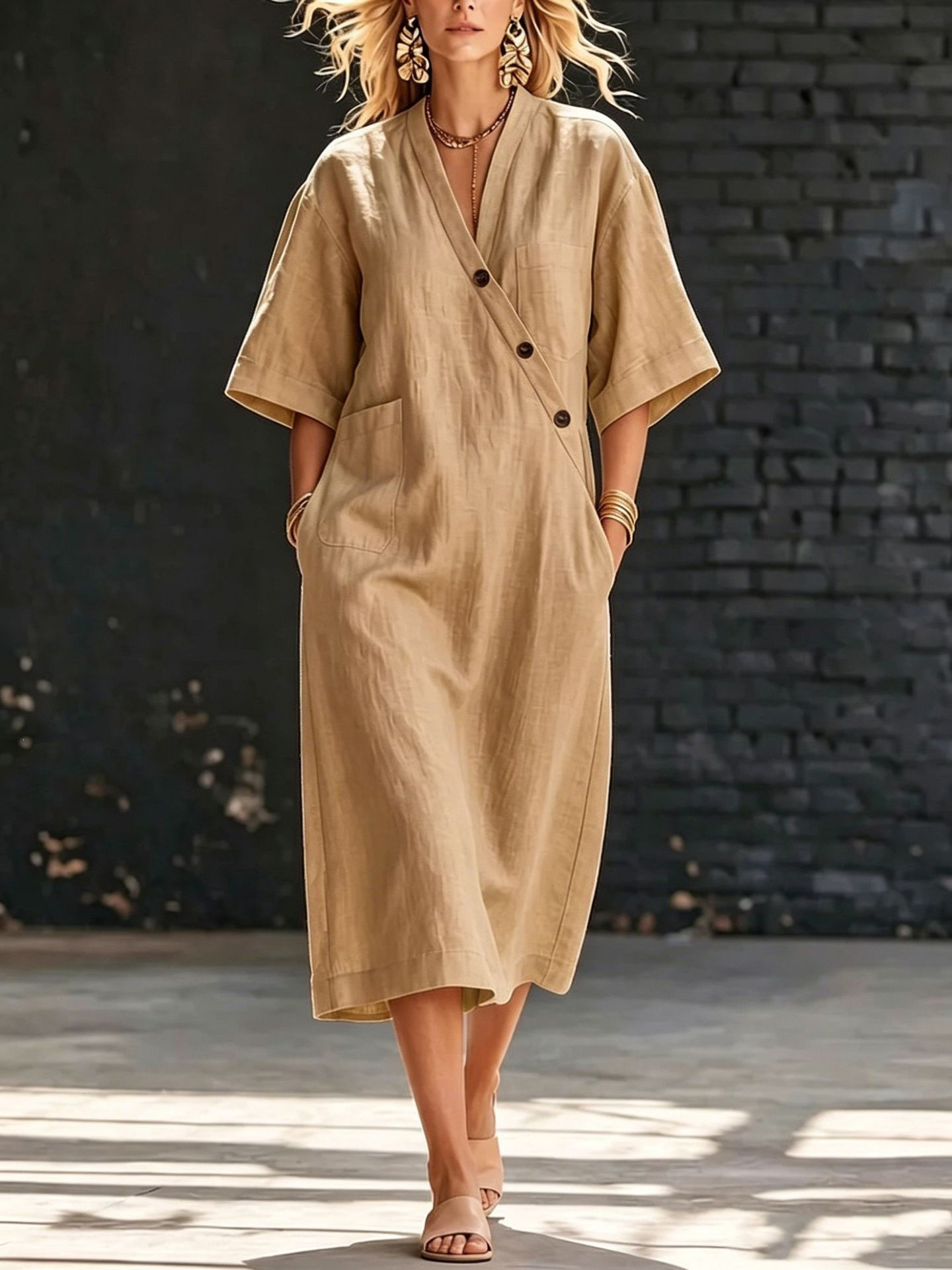 V-Neck Button-Front Cotton-Linen Midi Dress with Pockets Short Sleeve