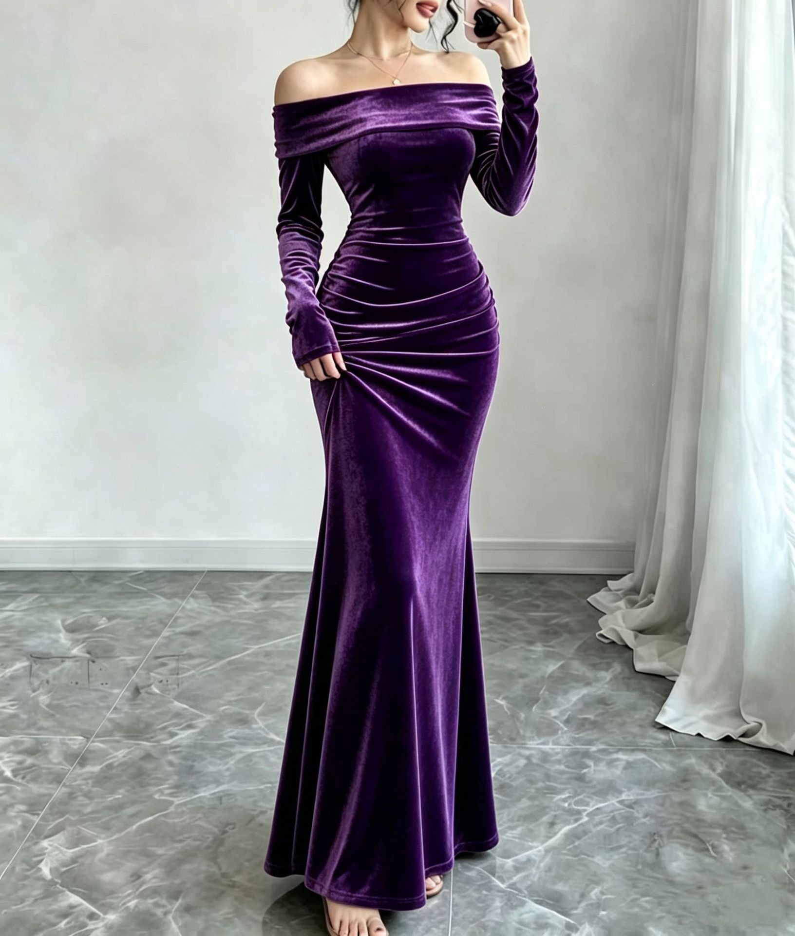 Elegant Velvet Off-Shoulder Bodycon Long Sleeve Dress