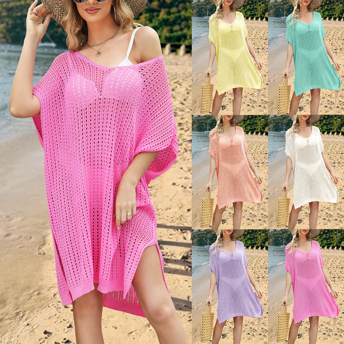 Solid Color Hollow-Out Loose Beach Dress V-Neck Midi Cover-Up