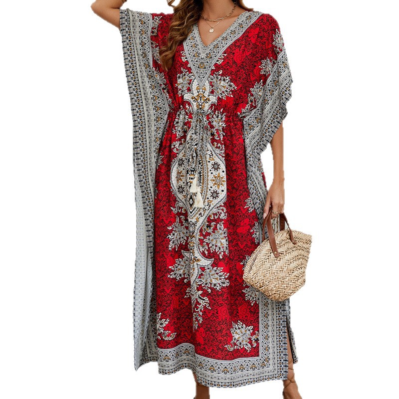 Boho Beach Cover-Up Dress Loose Printed V-Neck Long Sun Protection