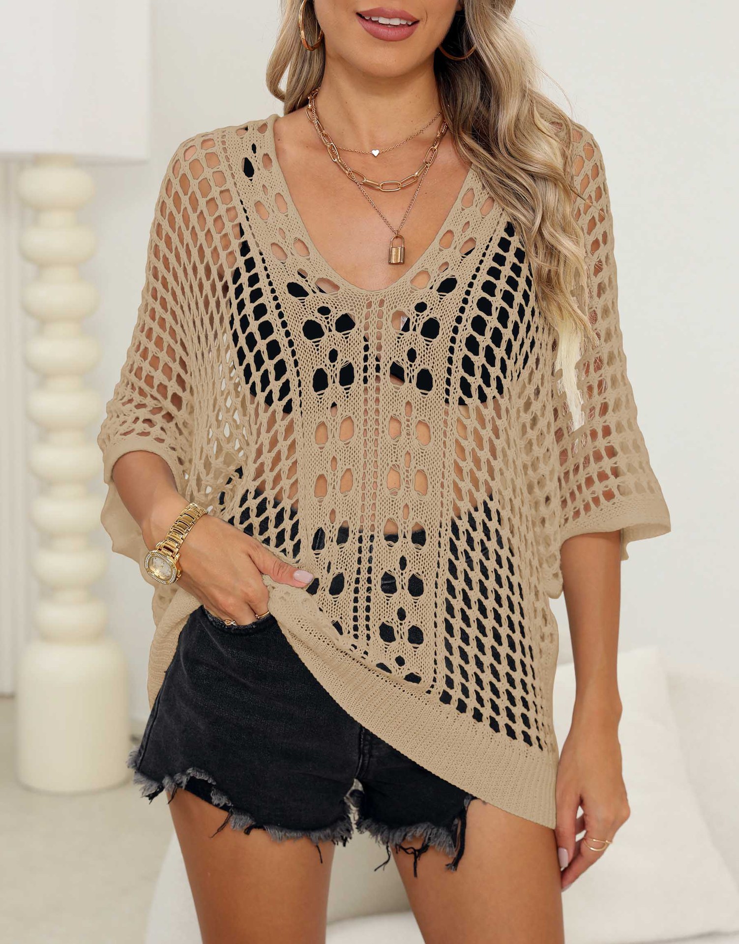 Women's Hollow-Out Batwing Sleeve Knit Top V-Neck Loose Fit