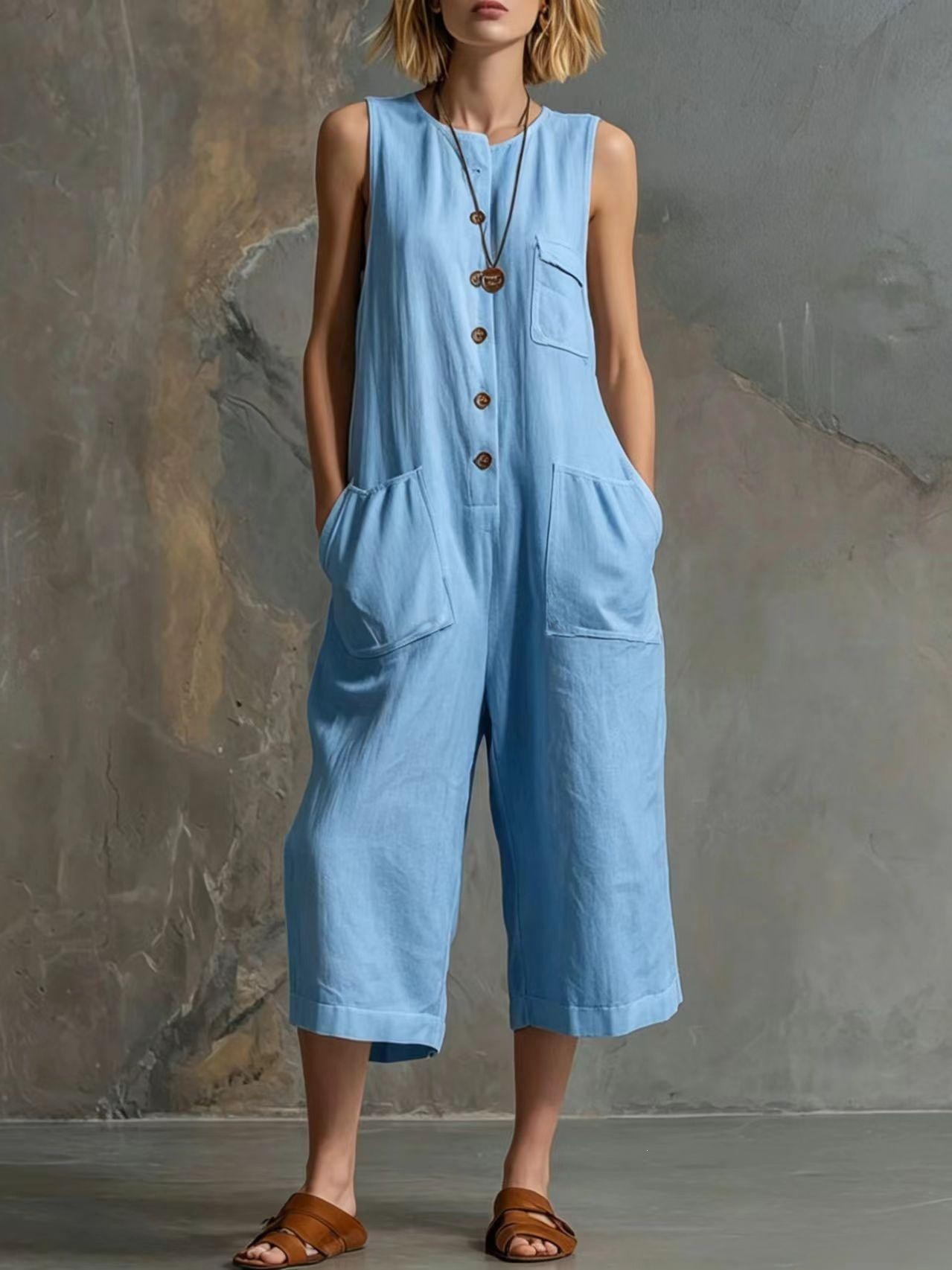 Round Neck Sleeveless Cropped Jumpsuit with Half Button Front and Pockets
