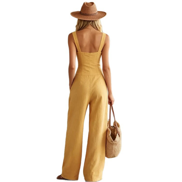 Women's Sleeveless Button-Front Wide-Leg Jumpsuit Solid Color Casual