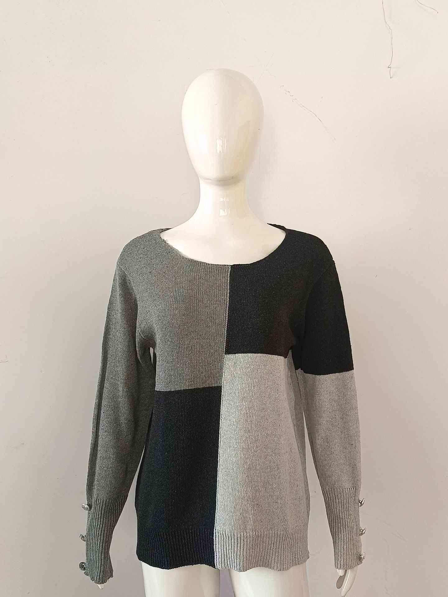 Women's Color-Block Crewneck Knit Sweater Loose Casual Pullover