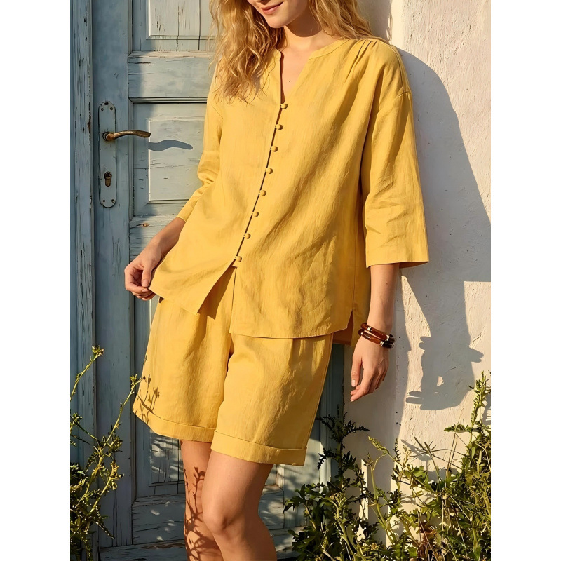 Women's Solid V-Neck Loose Top & High-Waist Wide-Leg Shorts Set
