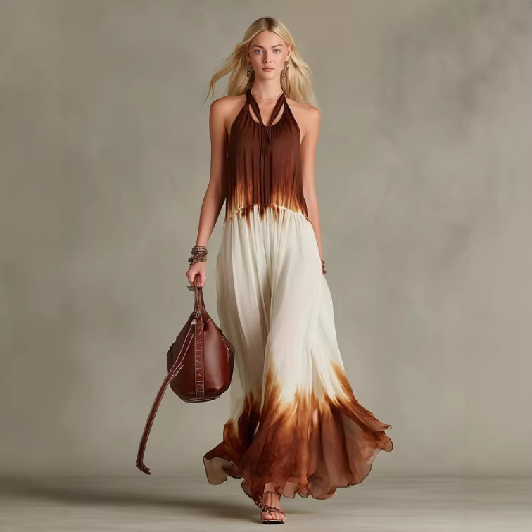 Retro Color-Block Ombre Silk Sleeveless Long Dress