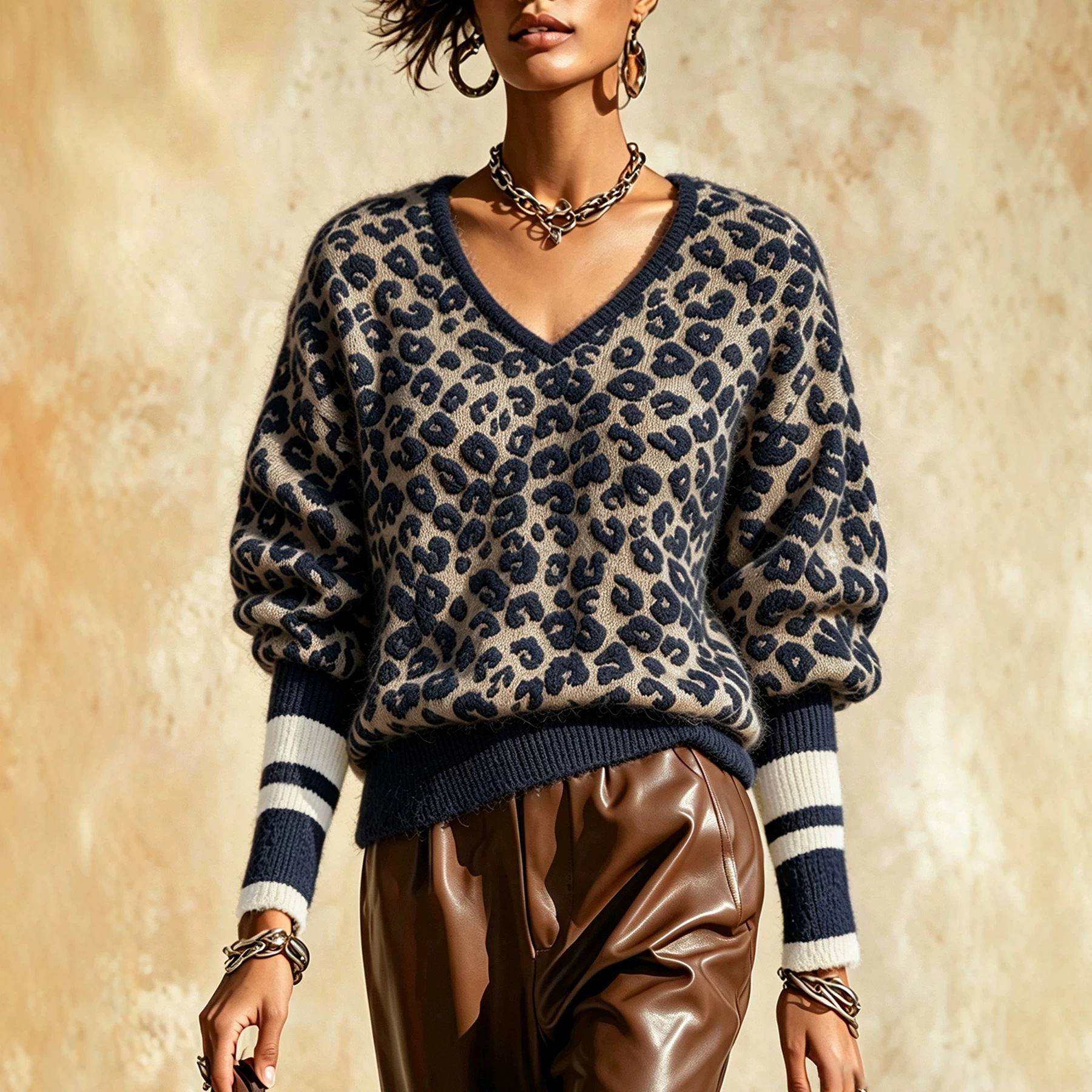 Women's Leopard Jacquard Knit Sweater V-Neck Striped Sleeve Cuffs