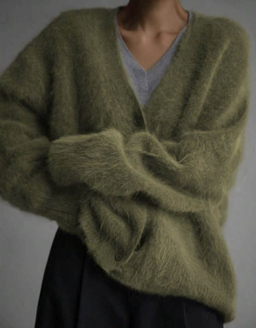 Faux Mink Knit Cardigan Sweater Women's Loose V-Neck Long Sleeve Button Front