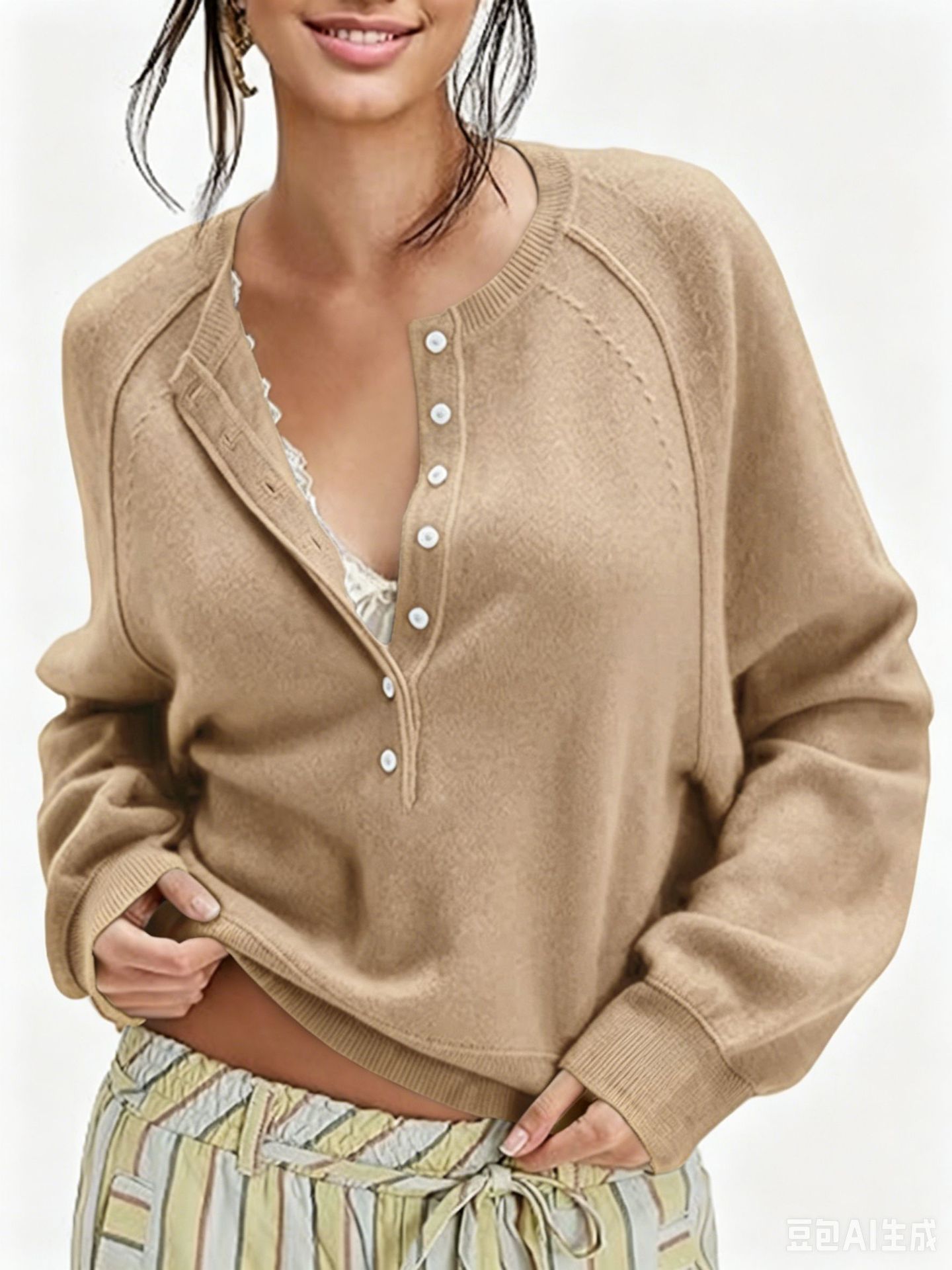 Women's Button-Front Half-Open Neck Sweater Loose Knit Top