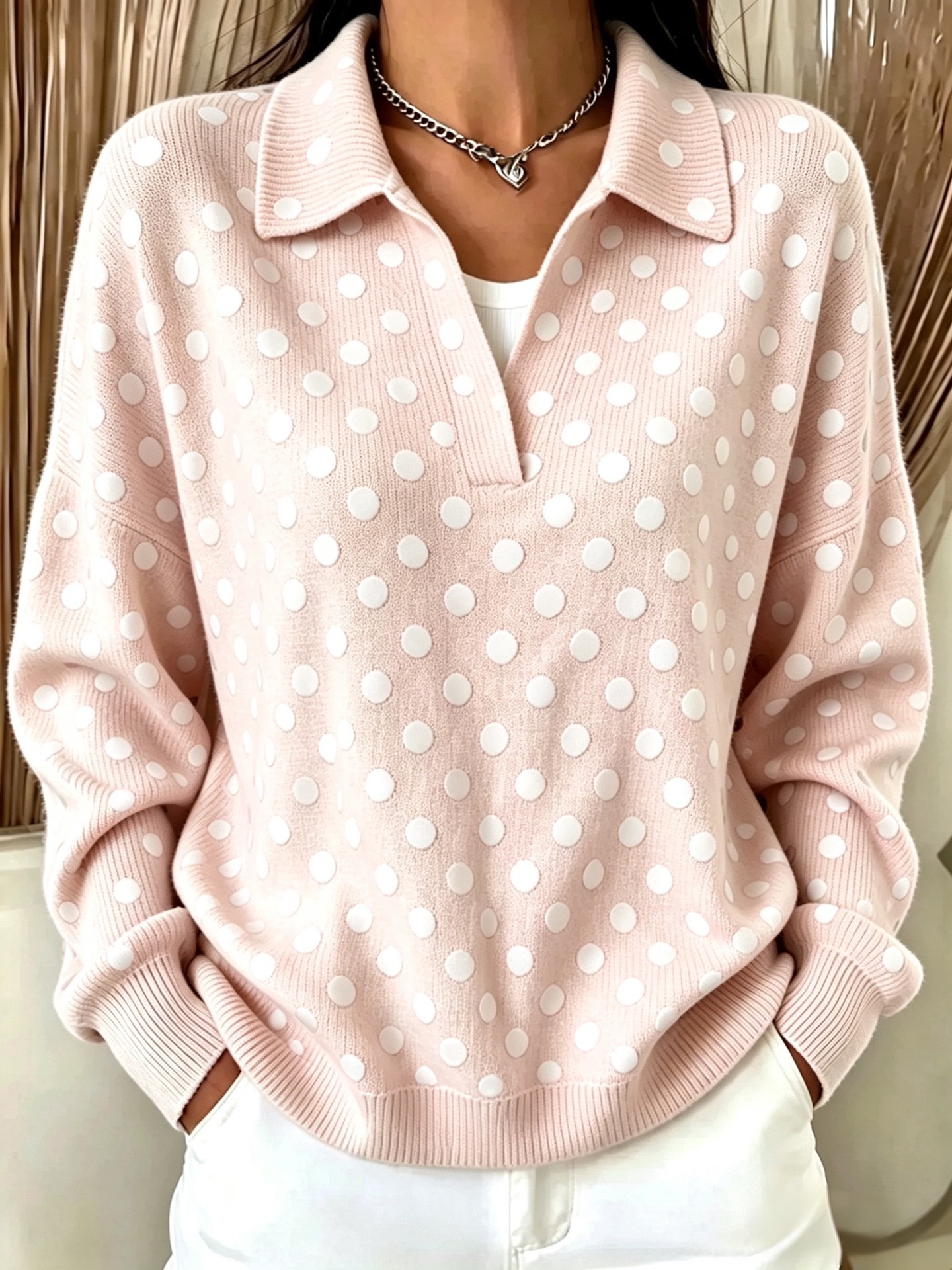 Women's Retro Polka Dot Print Button-Up Collared Sweatshirt