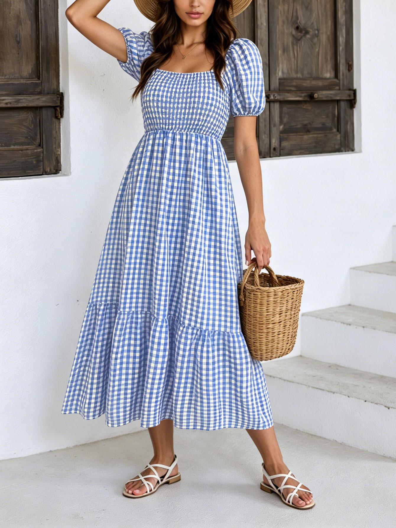 French Cottage Vichy Gingham Puff Sleeve Square Neck High Waist Tiered Midi Dress
