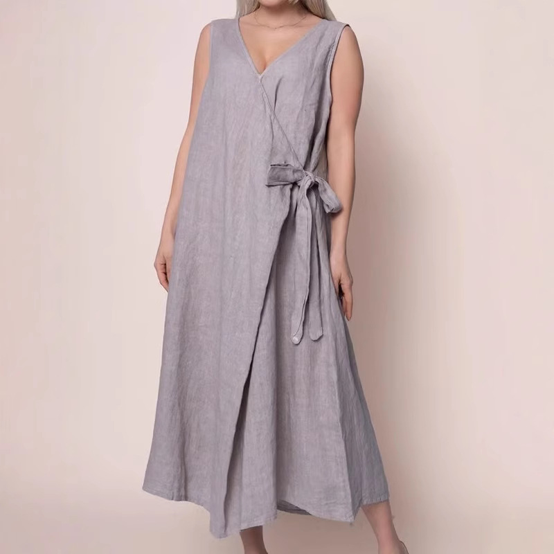 Women's Summer Loose Tie-Front Sleeveless Solid Cotton-Blend Dress