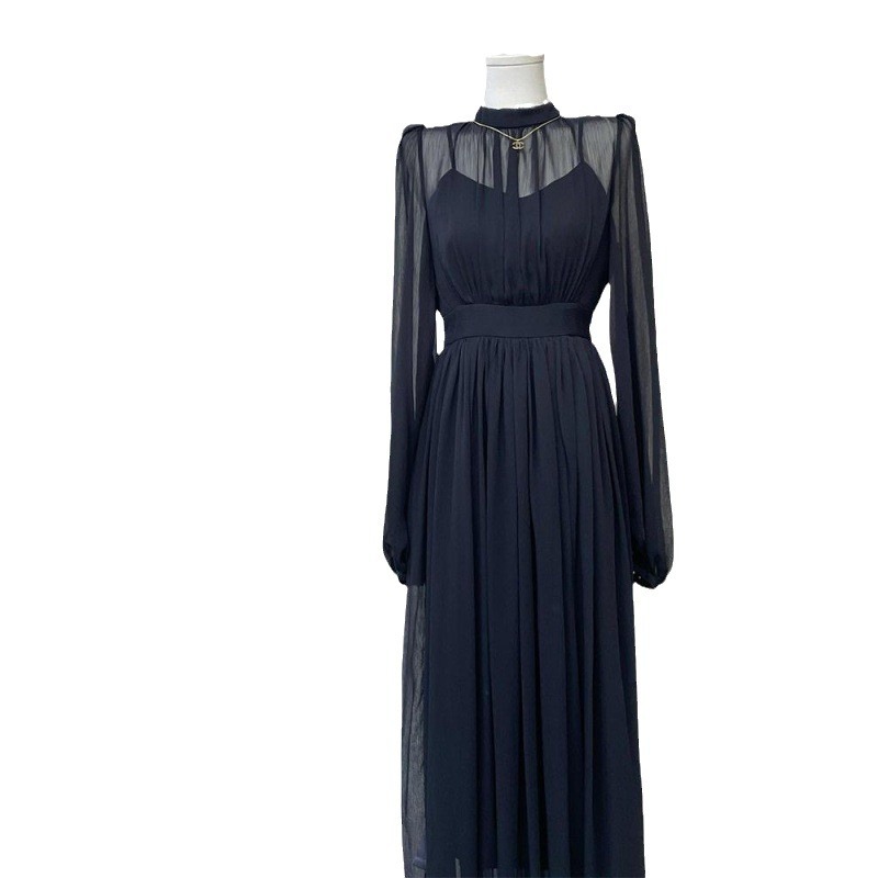 Women's Long Sleeve Round Neck A-Line Midi Dress Slim Fit Black