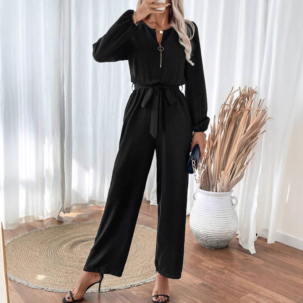Women's Long Sleeve Belted Jumpsuit with Zip Round Neck and Straight Leg Pants