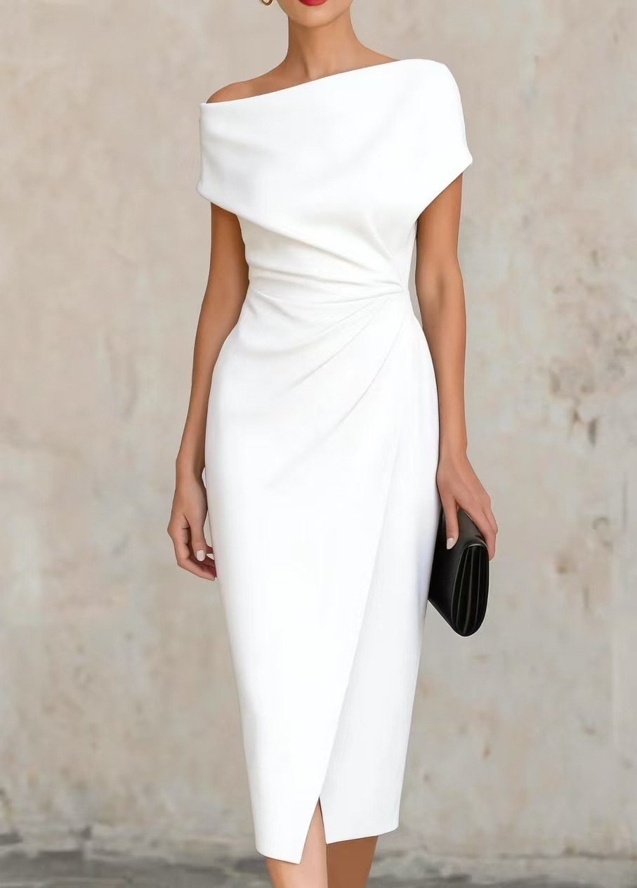 Off-Shoulder Ruched Waist Midi Dress with Slit