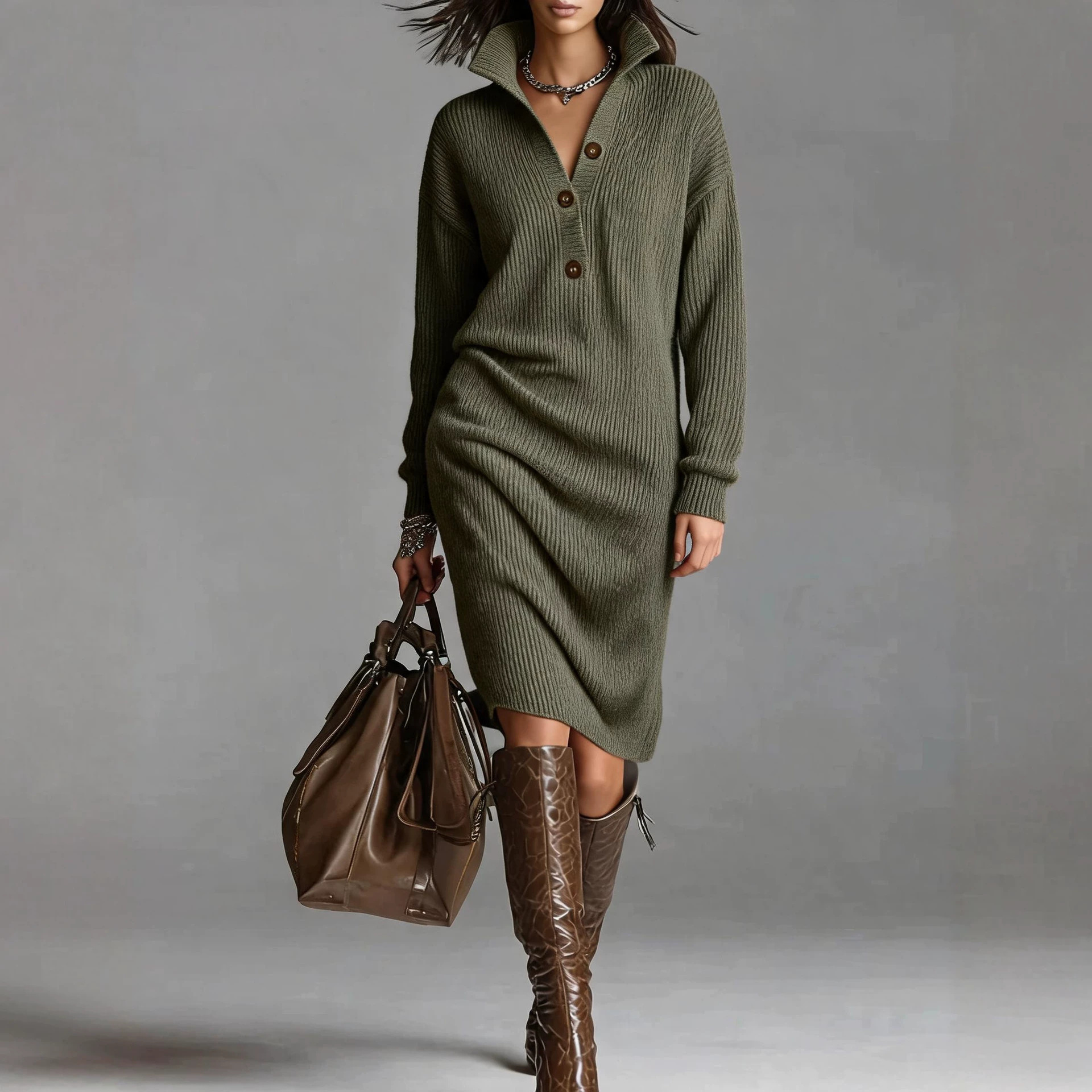 Women's Oversized Long Knit Sweater Dress Solid Color