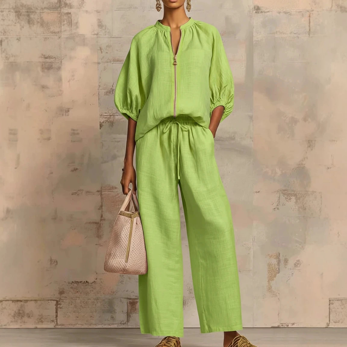 Elegant Solid Two-Piece Set: Crew Neck Mid-Sleeve Top & Wide-Leg Pants