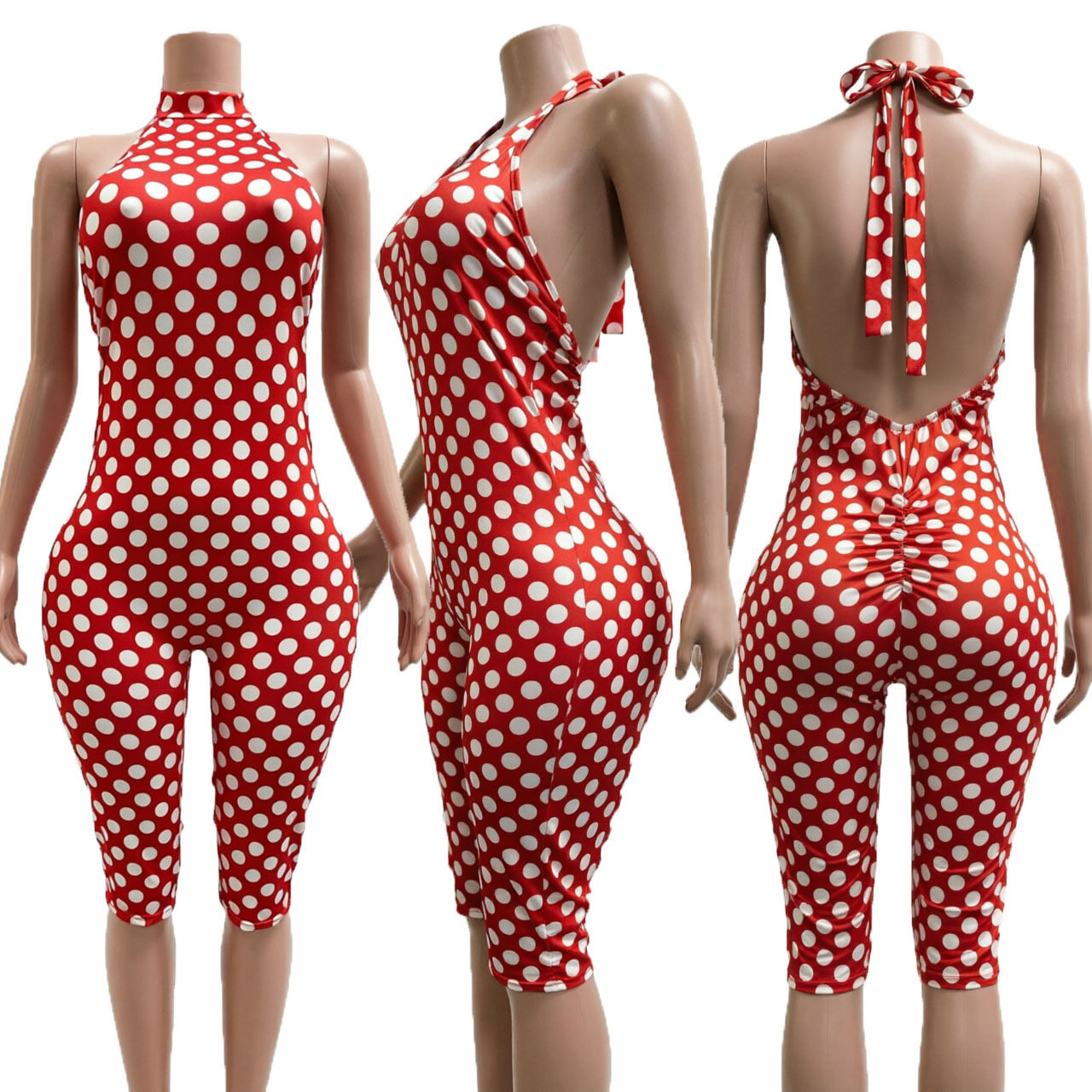 Polka Dot Print Halter Backless Slim Fit Women's Jumpsuit