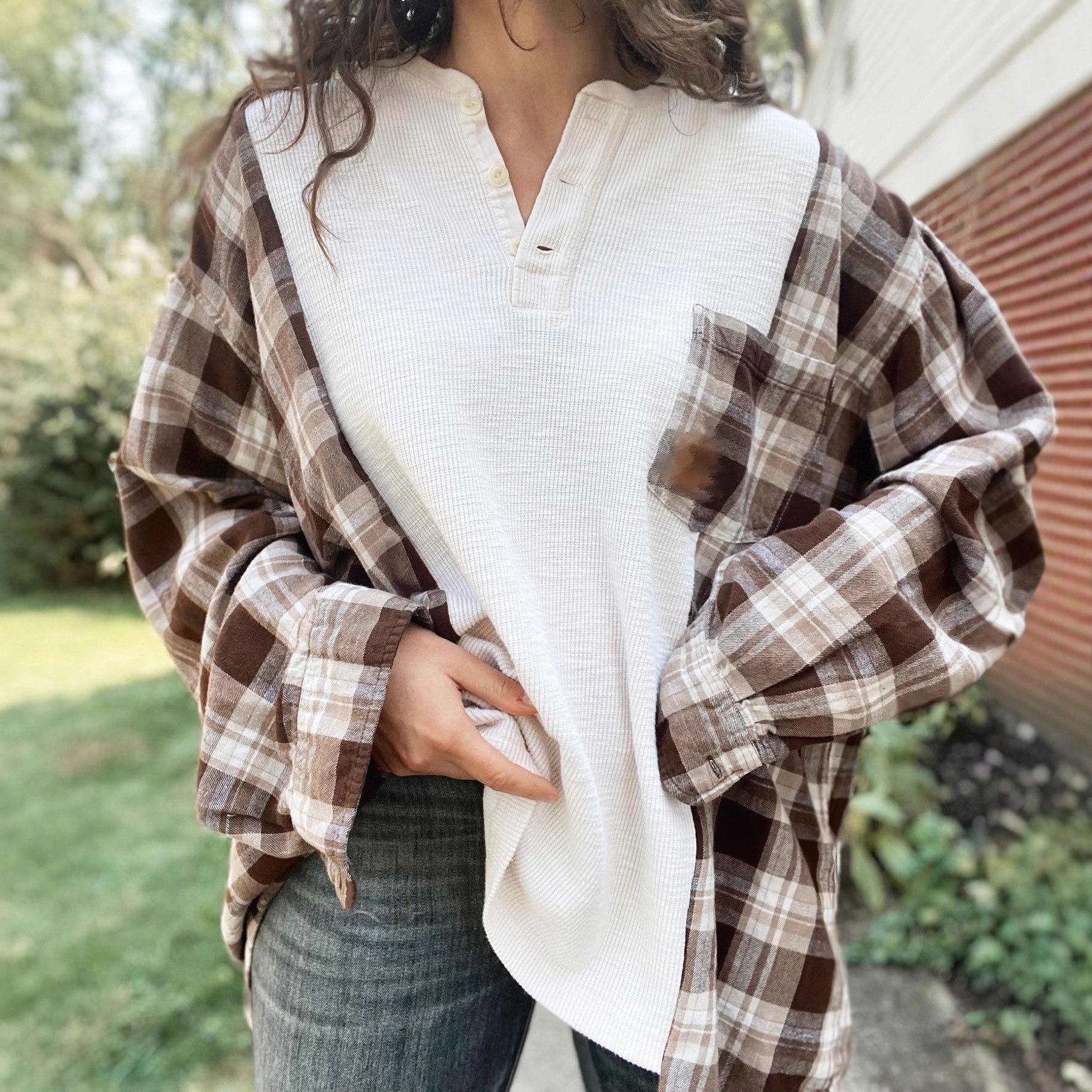 Women's Half-Open Collar Long-Sleeve Plaid Panel Knit Sweater with Pockets
