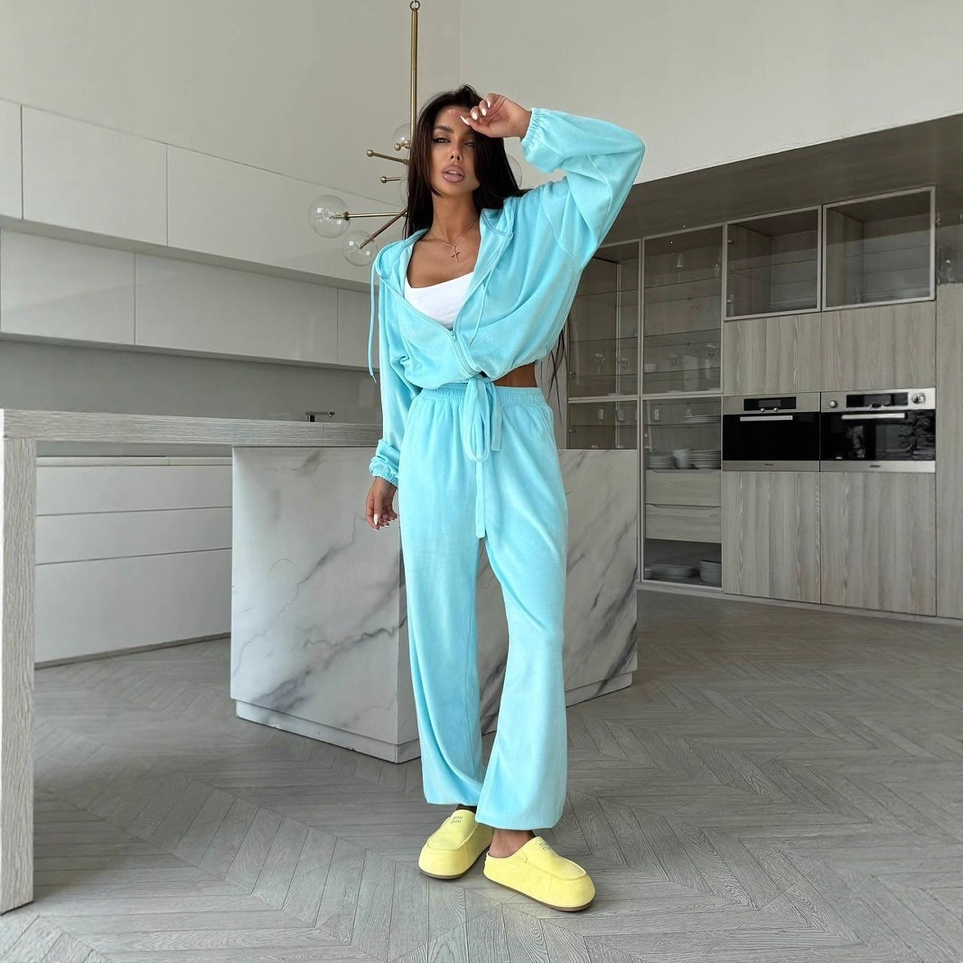 Women's Casual Hooded Two-Piece Set Zip-Up Drawstring Waist Solid Color