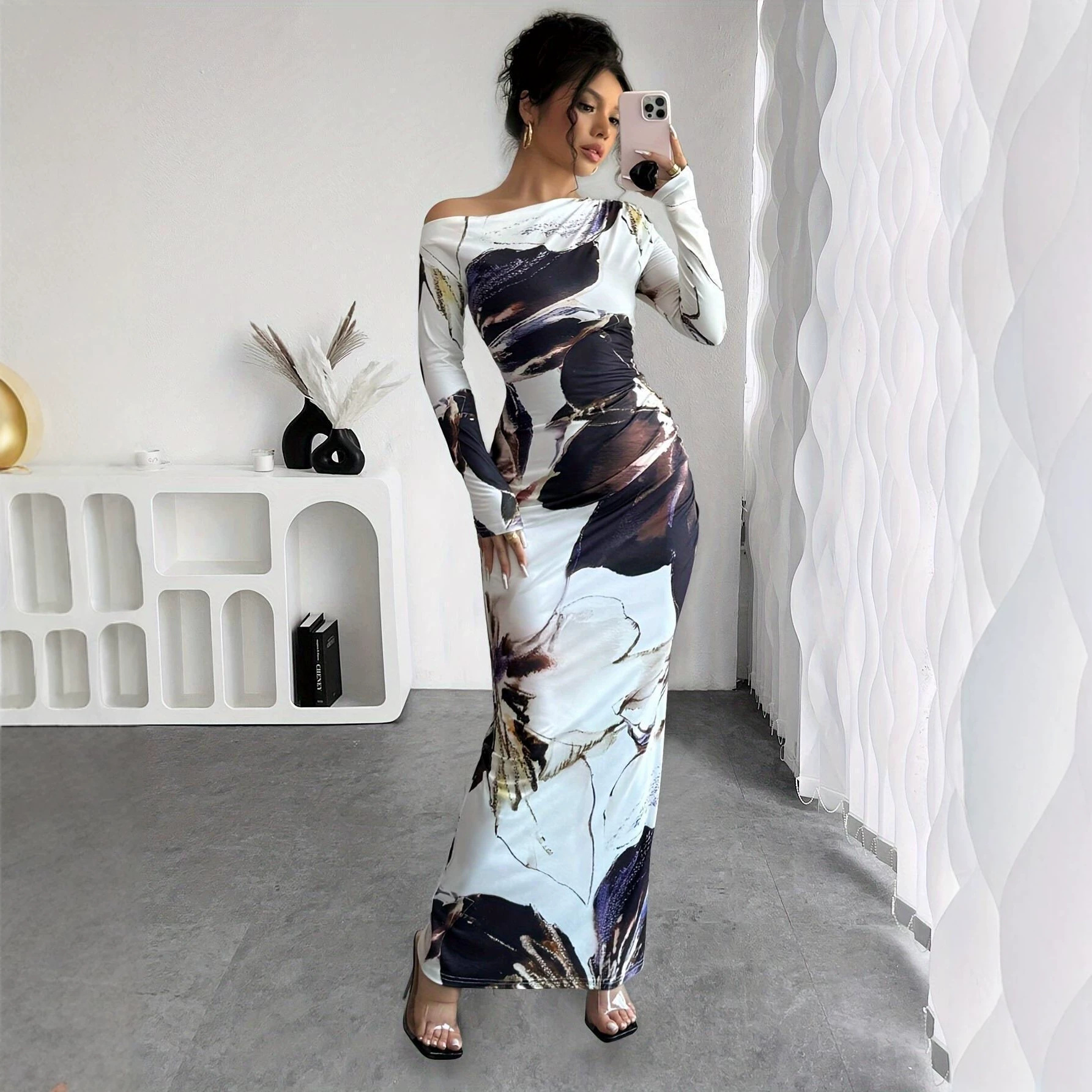 Off-Shoulder Floral Print Bodycon Long Dress