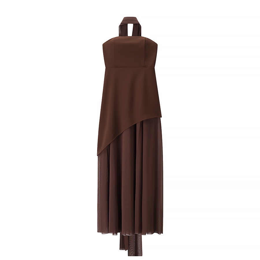 ZA-Style Tie-Neck Halter Mesh Panel A-Line Dress