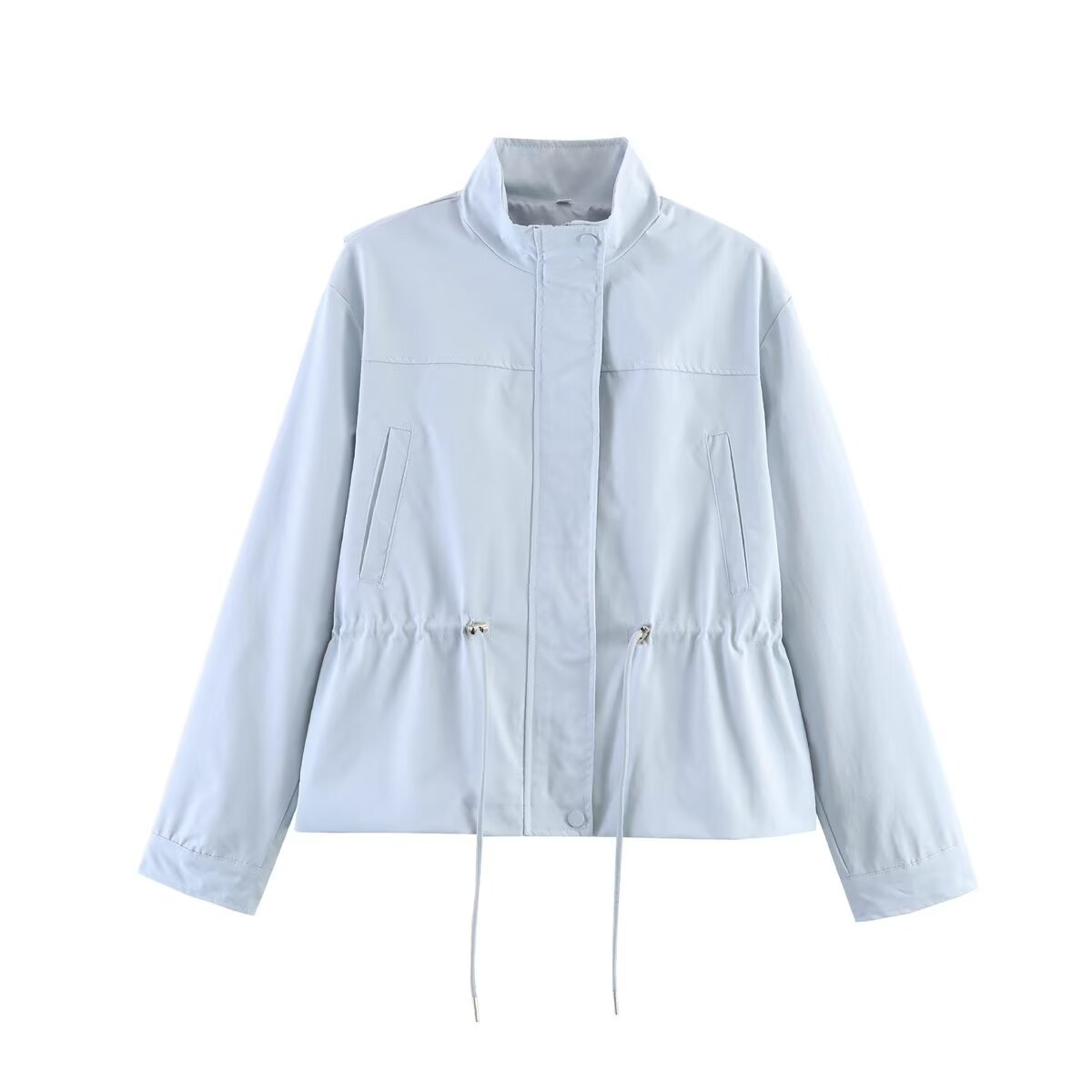 Women's Drawstring Waist Stand Collar Zip Jacket Casual Loose Fit