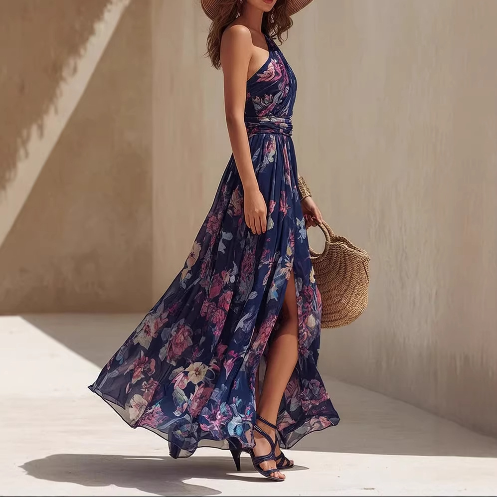 One-Shoulder Bow Print Chiffon Maxi Dress