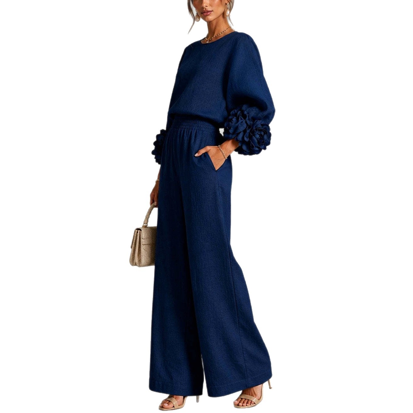 Floral Cuff Top and Wide-Leg Pants Set