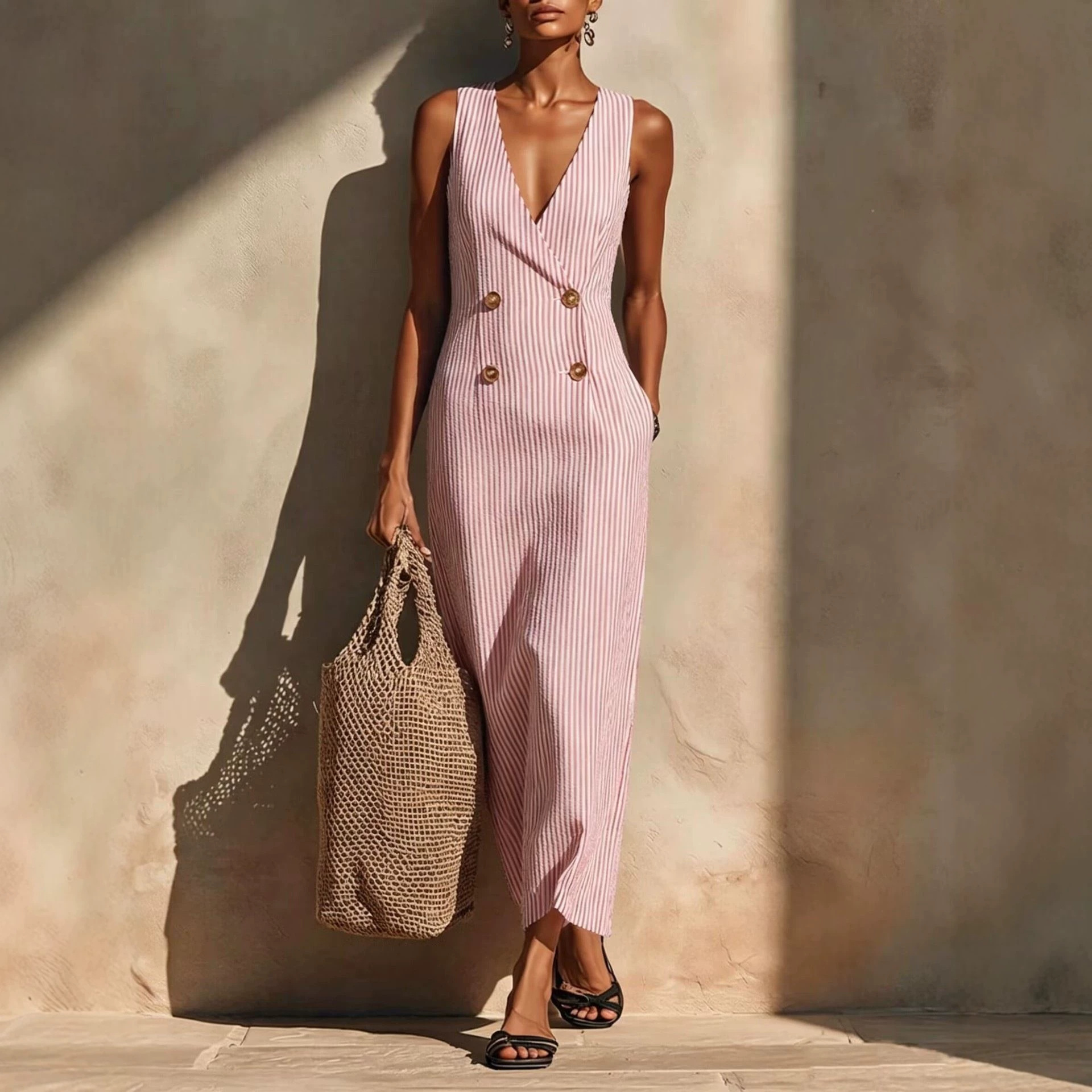 Elegant Striped Button-Front Midi Dress Sleeveless V-Neck A-Line