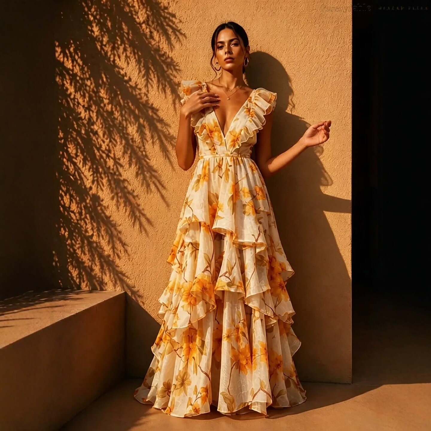 French Ruffle V-Neck Floral Print Maxi Dress