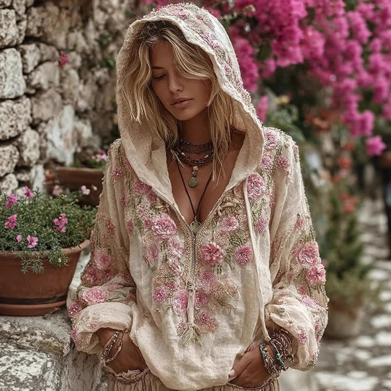 Hooded Zip-Up Sweatshirt with Japanese Cherry Blossom Art Print