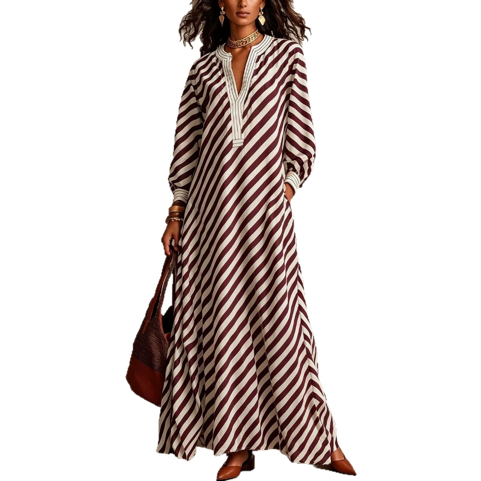 V-Neck Striped Loose Long Dress