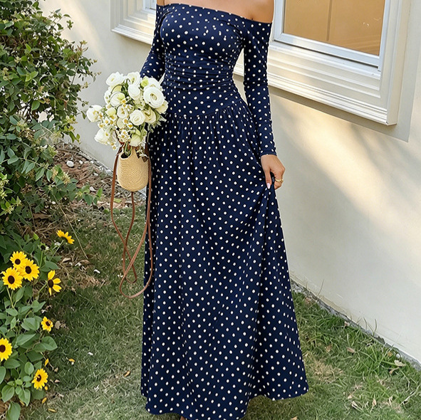 Sexy Off-Shoulder Polka Dot A-Line Dress with Waist-Cinching Silhouette