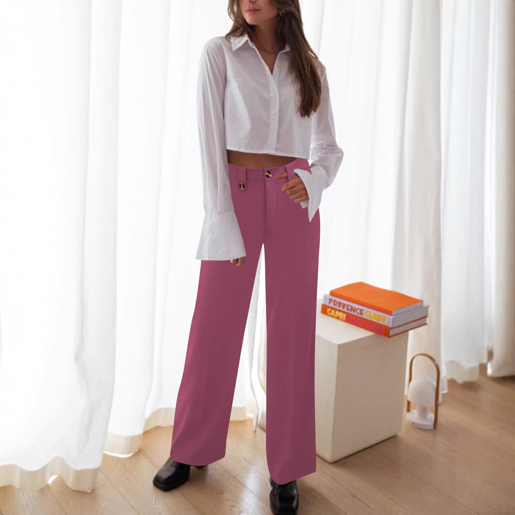 High-Waist Straight-Leg Cropped Suit Pants for Women Solid Color