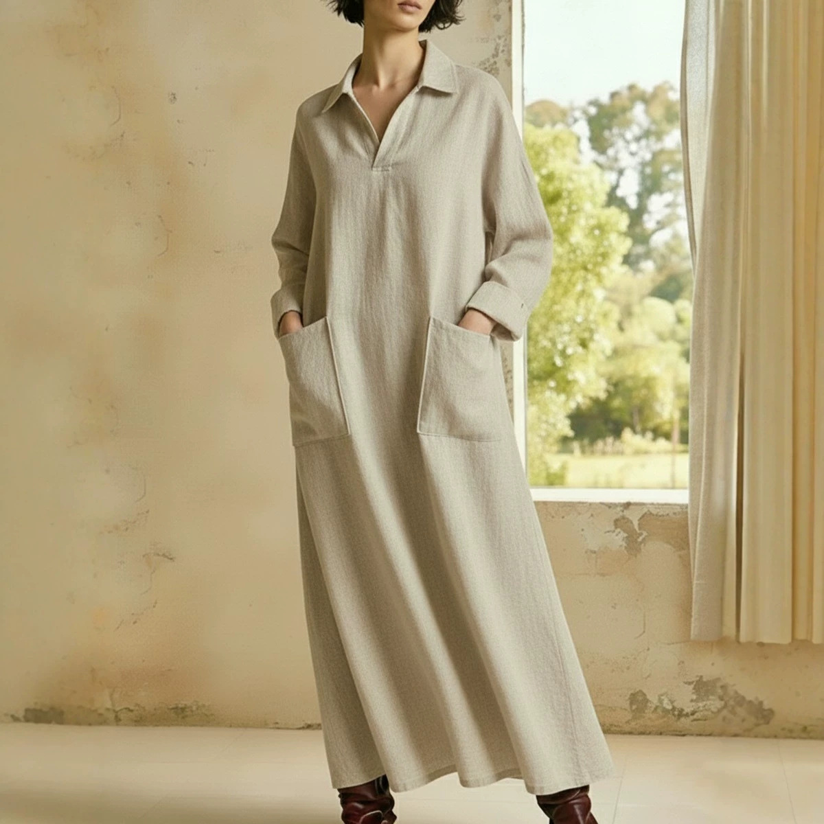 Solid Color Polo Collar Double Pocket Long Sleeve A-Line Maxi Dress