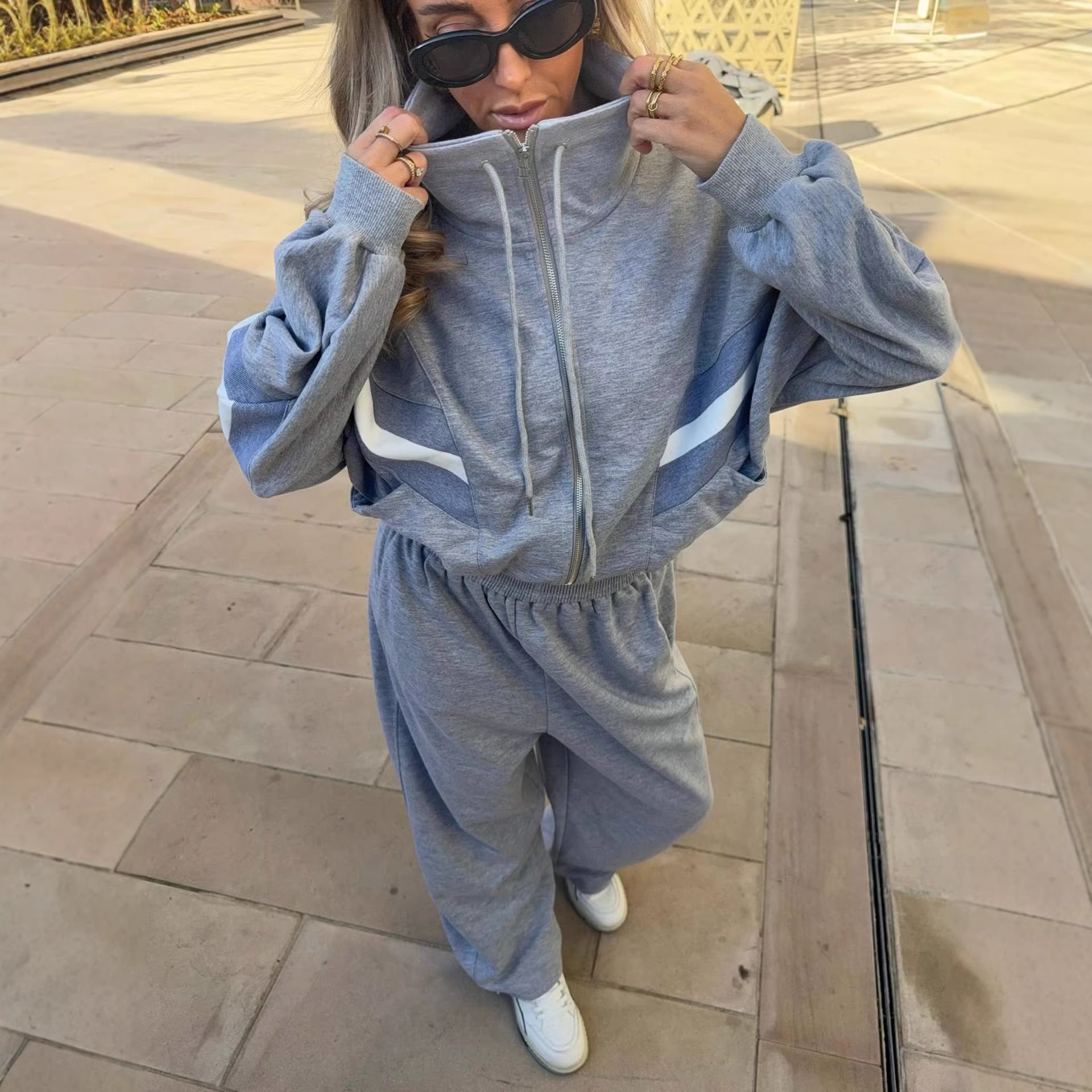Women's Long Sleeve Casual Two-Piece Pant Set with Colorblock Detail