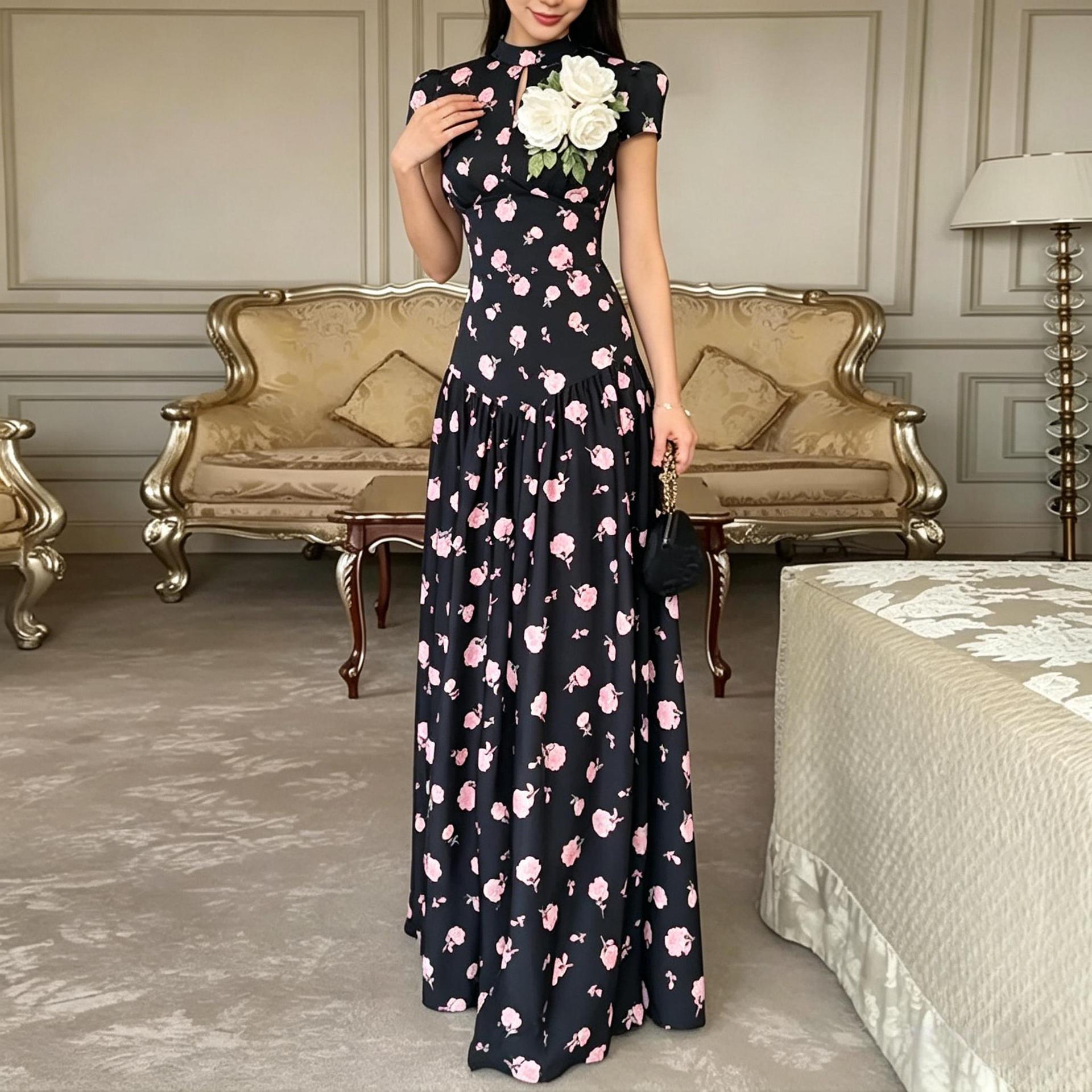 Women's Slim Fit Elegant Floral Print Waist-Cinched French Dress
