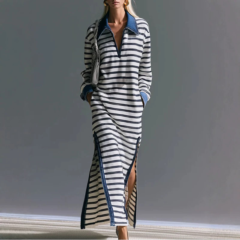Retro Striped Long Sleeve Denim Collar Dress with Slit