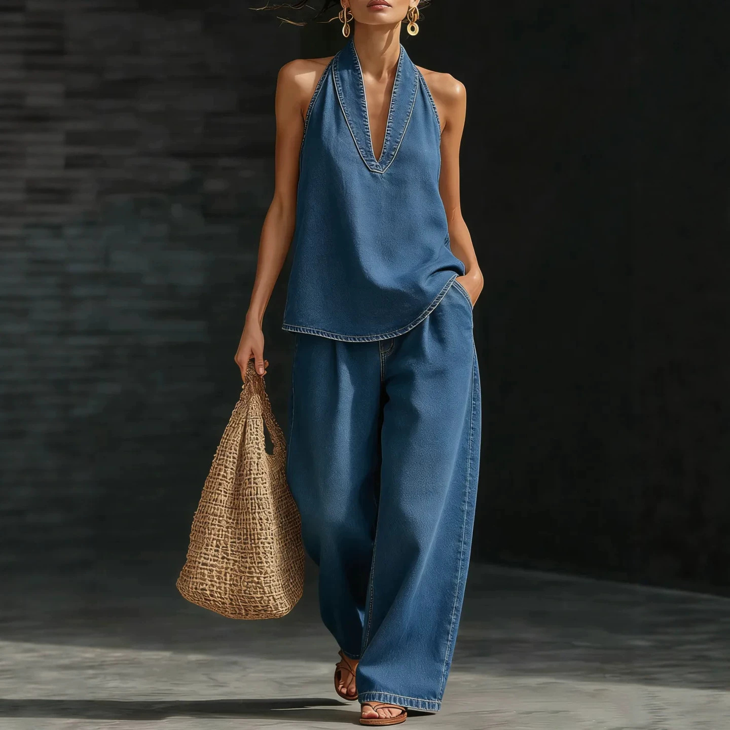 Women's Retro Button-Down Denim Top & Wide-Leg Jeans Set