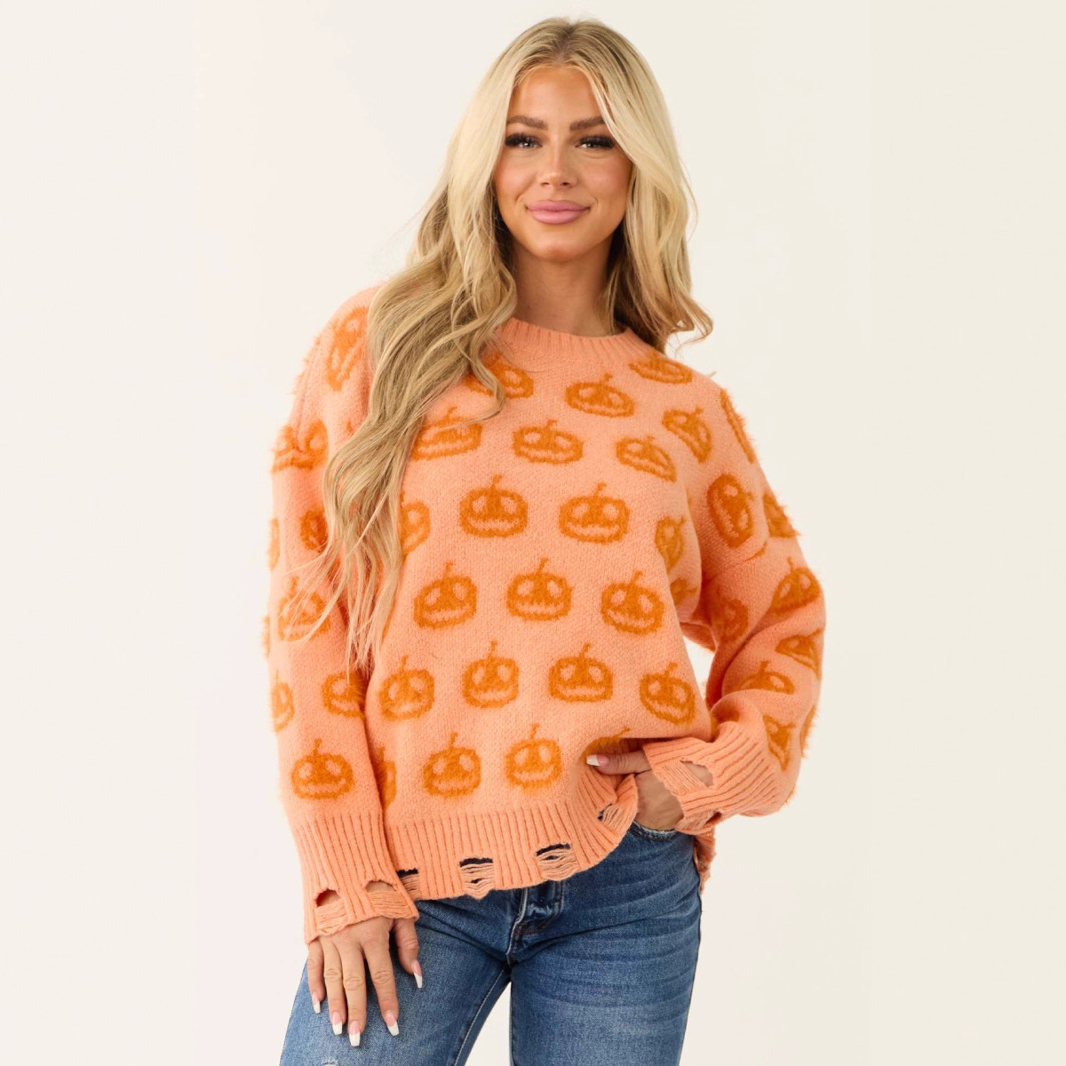 Halloween Jacquard Crewneck Pullover Sweater for Women Long Sleeve