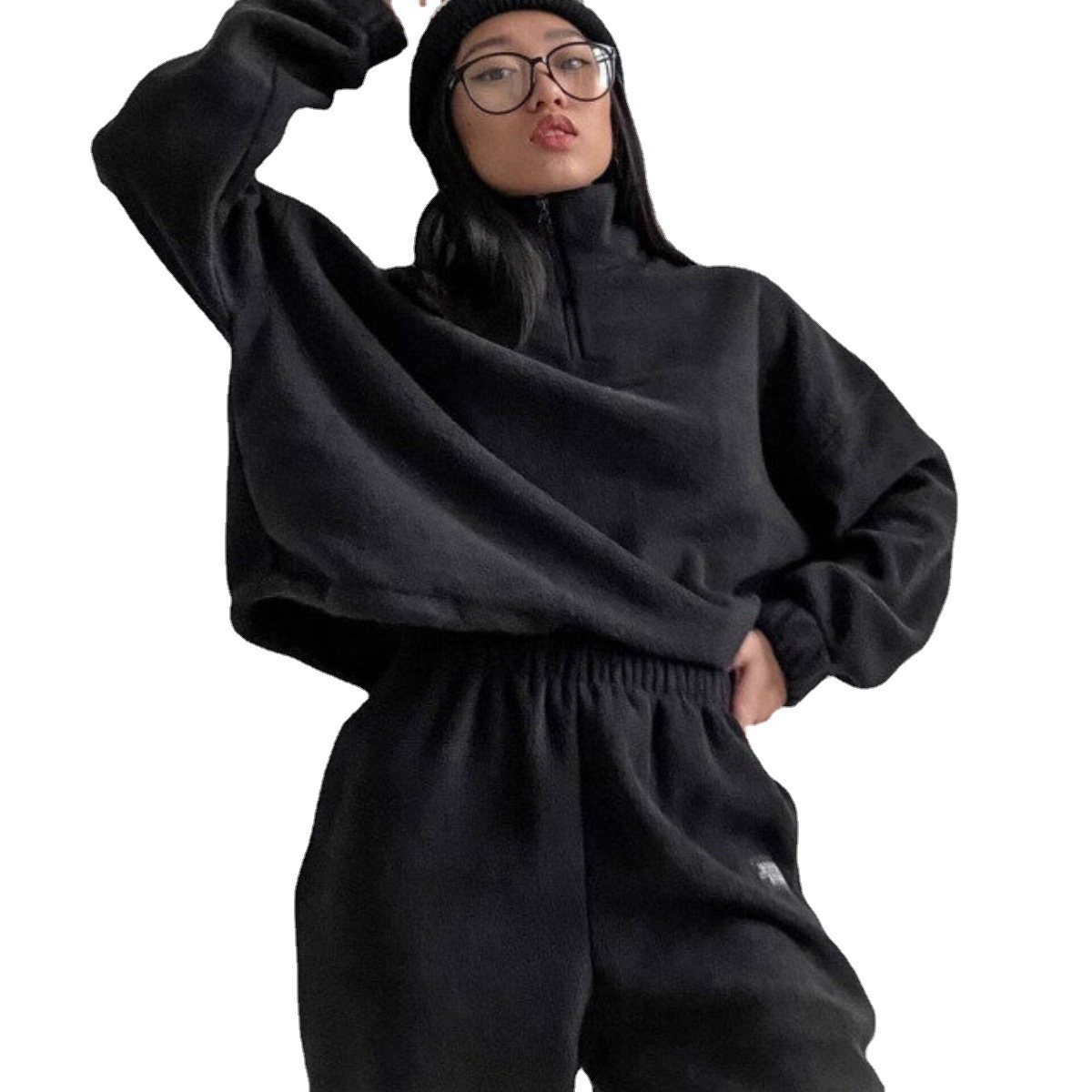 Women's Fleece-Lined Long Sleeve Zip Hoodie and Pants Set - Solid Color 2-Piece Tracksuit